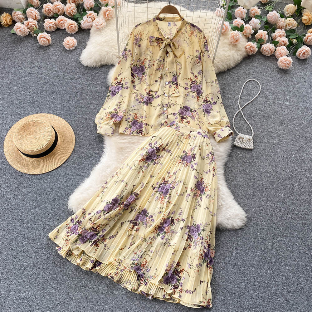 Two Piece Dress Chiffon Sundress with Pleated Skirt Long Sleeve Shirts Sets 2 Floral Summer Lace Up Top Suits Holiday Women Clothes 230512