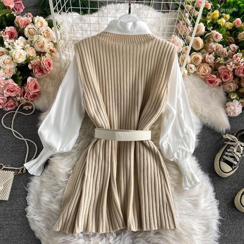 Womens Sweaters Korean Spring Autumn Women Knitted Pullovers Vest White Blouse Casual Belt Suit Two Piece Set Conjuntos Mujer