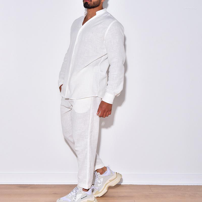 Tracksuits European And American Men's Linen Autumn Casual Suit Long-Sleeved One-Piece Cargo Trousers Are On Sale