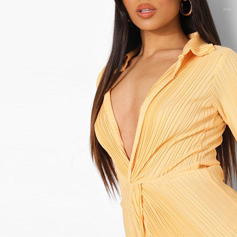 Casual Dresses Sexy Polo-neck Dress Slim Slimming Temperament Deep V-neck Solid Color Waist Pleated Long-sleeved Mini Skirt Pretty For Women