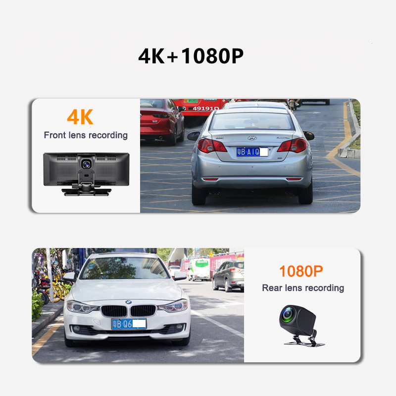 10.26 inch Car Apple CarPlay Compatible Android Auto Dash Cam with 4K Front and 2160P Rear Cameras - WIFI, Bluetooth Connectivity, Loop Recording, Pho