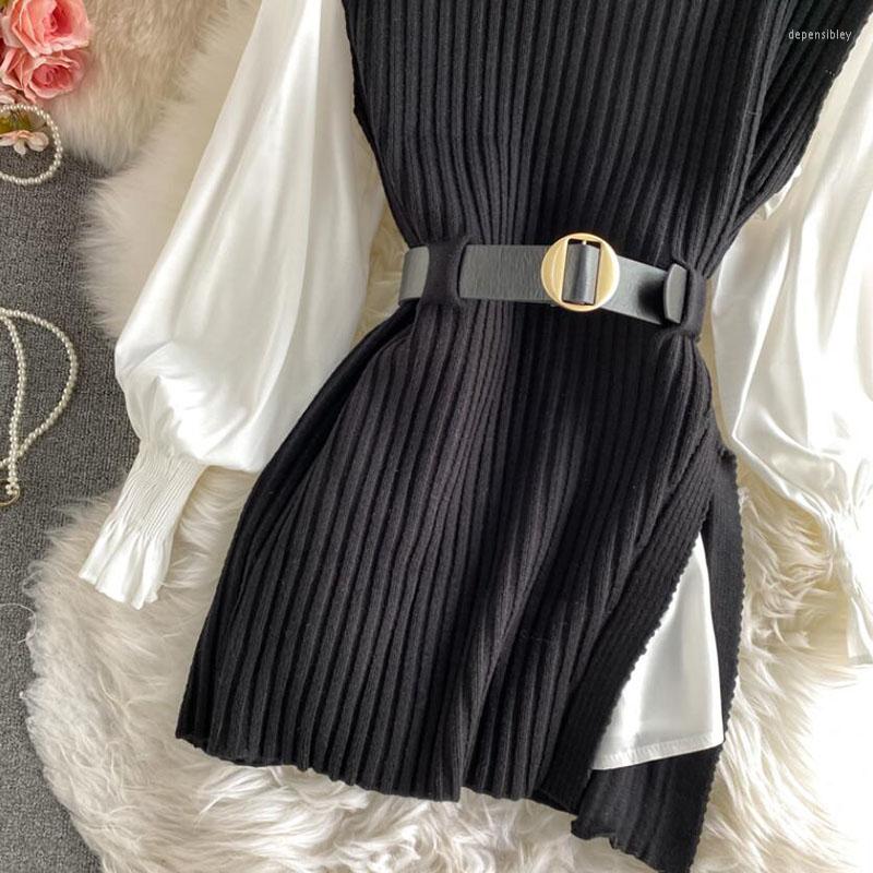Womens Sweaters Korean Spring Autumn Women Knitted Pullovers Vest White Blouse Casual Belt Suit Two Piece Set Conjuntos Mujer