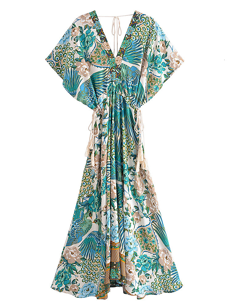 Casual Dresses Vintage Chic Women Peacock Floral Print Bat Sleeve Beach Bohemian Maxi Dresses Ladies V Neck Tassel Summer Rayon Dress 230512