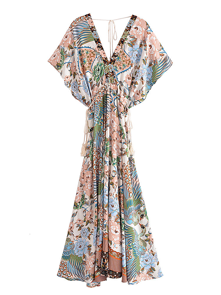 Casual Dresses Vintage Chic Women Peacock Floral Print Bat Sleeve Beach Bohemian Maxi Dresses Ladies V Neck Tassel Summer Rayon Dress 230512