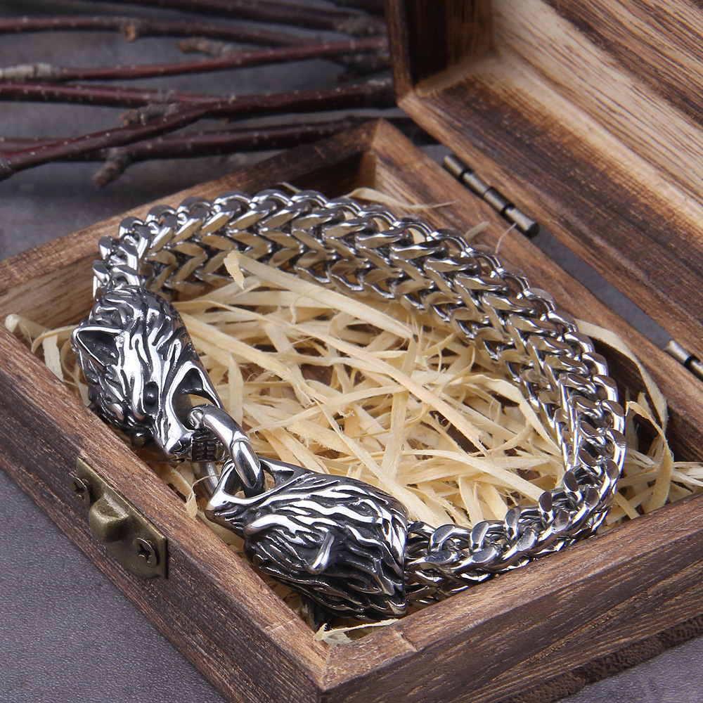 Chain Never Fade Rock Viking Wolf Charm Bracelet Men's Stainless Steel Mesh silver color Punk Bracelets Biker Jewelry 230511