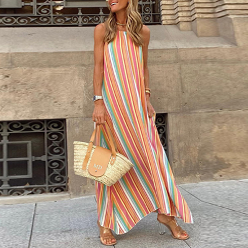 Casual Dresses Summer Women Casual Loose Long Beach Dresses Vintage Striped Print Patchwork Maxi Dress Female Elegant Sleeveless Straps Dress 230512