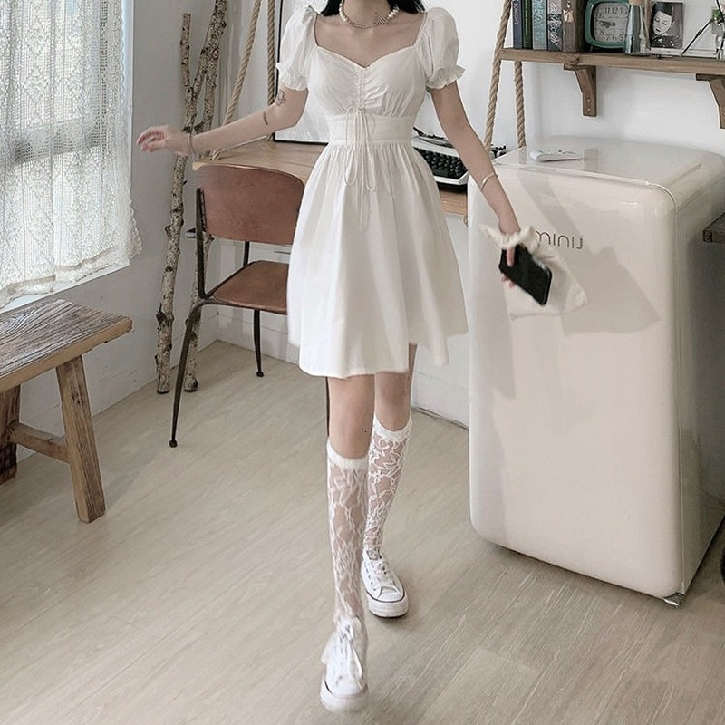 Casual Dresses QWEEK Sweet White Puff Sleeve Dress Women Mori Vintage Wrap Bodycon Short Dresses Preppy Style School Robes Female 230512