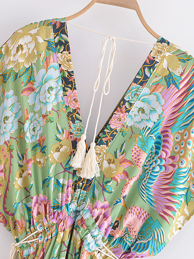 Casual Dresses Vintage Chic Women Peacock Floral Print Bat Sleeve Beach Bohemian Maxi Dresses Ladies V Neck Tassel Summer Rayon Dress 230512