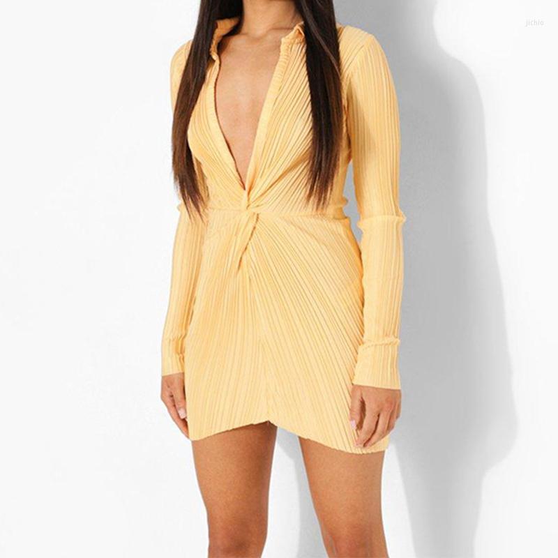 Casual Dresses Sexy Polo-neck Dress Slim Slimming Temperament Deep V-neck Solid Color Waist Pleated Long-sleeved Mini Skirt Pretty For Women