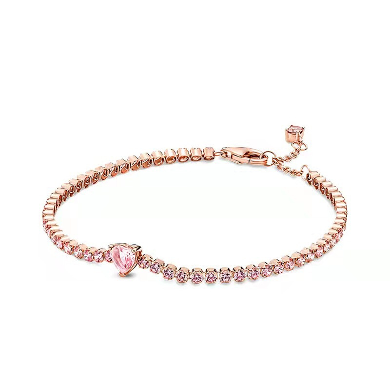 2024 New Ladies Fashion 925 Sterling Silver Bracelet Sparking Tennis Rose Gold Heart Shape Adjustable Bracelet For Beads DIY Wom