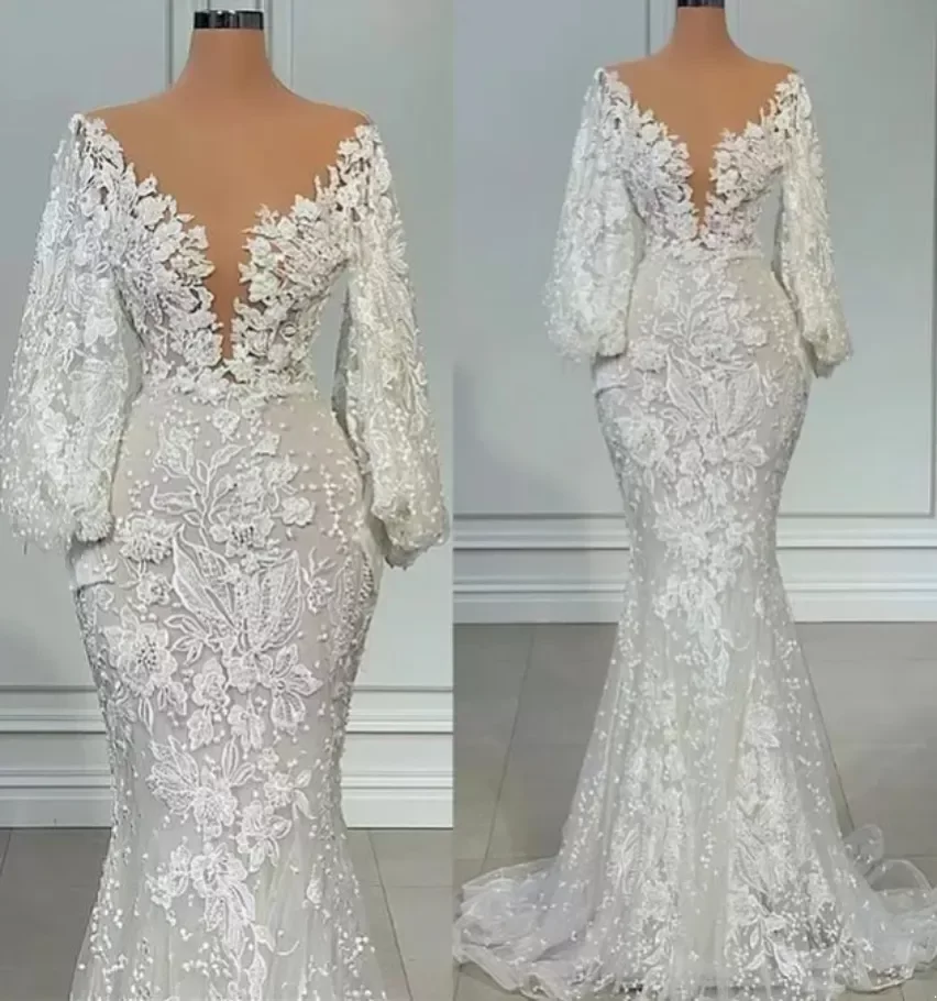 Sleeve Mermaid Long Wedding Dresses Sheer Neck Full Lace Floral Beaded African Trumpet Fishtail Beach Aso Ebi Bridal Gowns