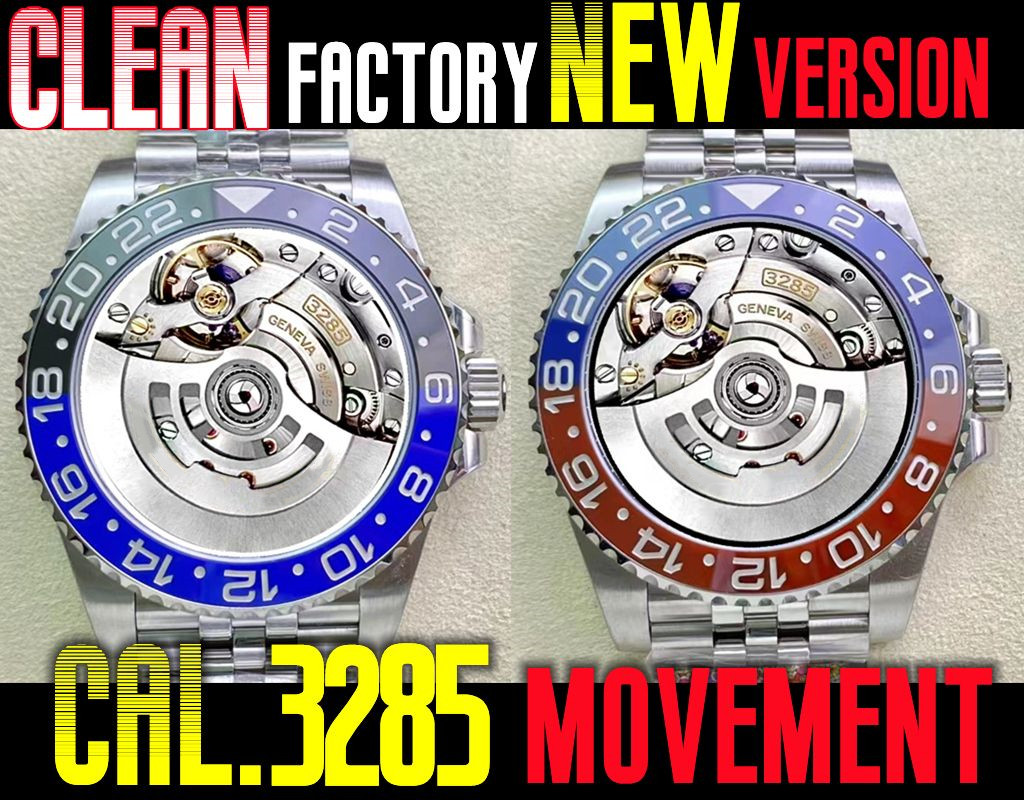 NEW Clean Watch Mens Watches 3285 Two Movements 40mm Red and blue ceramic mouthing Batman left handed