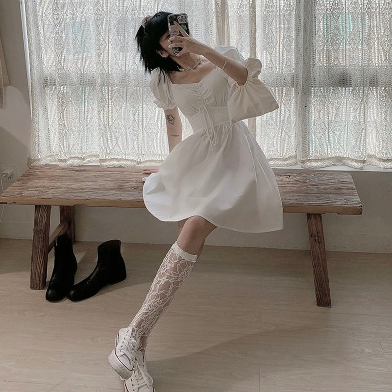 Casual Dresses QWEEK Sweet White Puff Sleeve Dress Women Mori Vintage Wrap Bodycon Short Dresses Preppy Style School Robes Female 230512