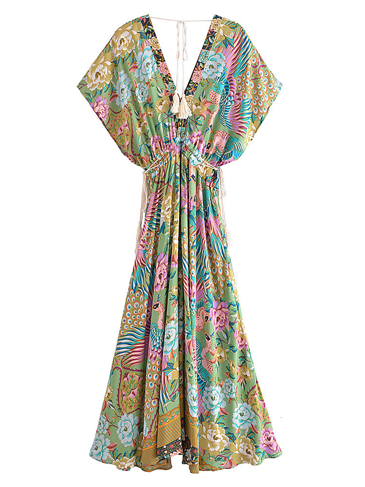 Casual Dresses Vintage Chic Women Peacock Floral Print Bat Sleeve Beach Bohemian Maxi Dresses Ladies V Neck Tassel Summer Rayon Dress 230512
