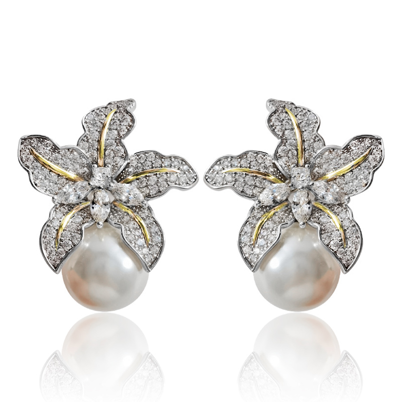 Gorgeous Flower Imitation Pearl Earrings Women Inlaid Sparkling CZ Stone Fashion Wedding Jewelry