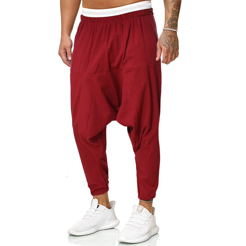 Men's Pants Men Linen Cross-Pants Mens Baggy Harem Pants Men Solid Black Trousers Male HipHop Joggers Man Streetwear Wide Legs Pants 230512