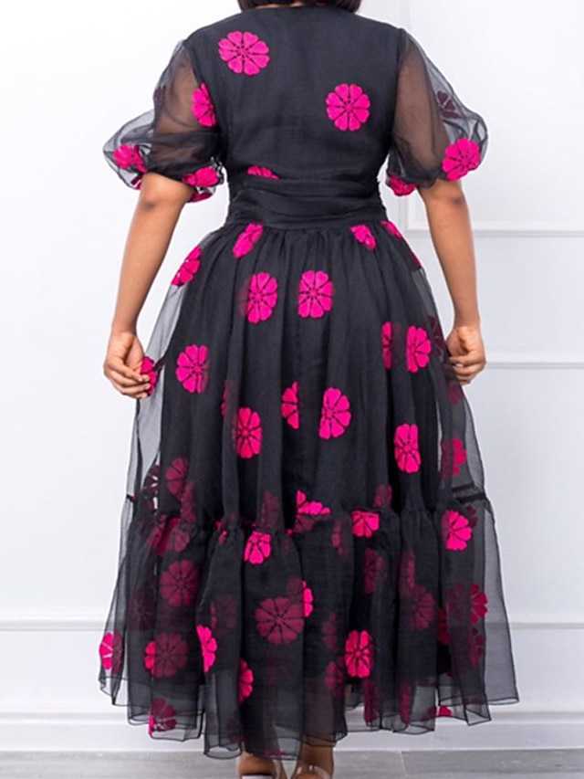 wife Large Holiday Dress Flower Print V-Neck Mesh Sleeve Short Sleeve Autumn Spring Ball Dress Long Dress Holiday Date Dress/Print
