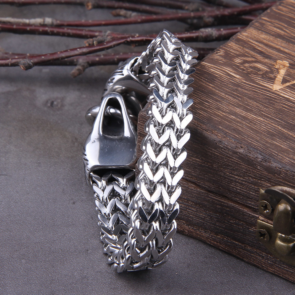 Chain Never Fade Rock Viking Wolf Charm Bracelet Men's Stainless Steel Mesh silver color Punk Bracelets Biker Jewelry 230511