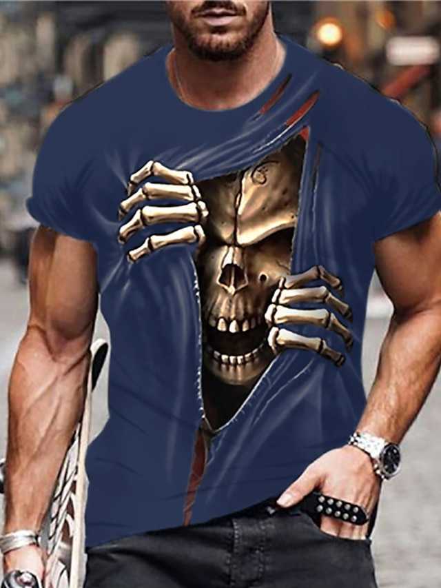 RUKAS Universal Funny T-Shirt Skull Graphic Lower Throat Cut Custom Black Turquoise Khaki 3D Casual Short Sleeve Print