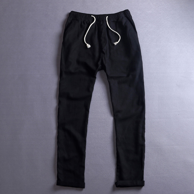 Men's Pants Male Casual Pants Cotton Linen Solid Blue Elastic Waist Straight Loose Trousers Summer Breathable Drawstring Men's Clothing 2305