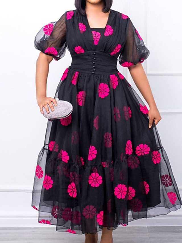 wife Large Holiday Dress Flower Print V-Neck Mesh Sleeve Short Sleeve Autumn Spring Ball Dress Long Dress Holiday Date Dress/Print