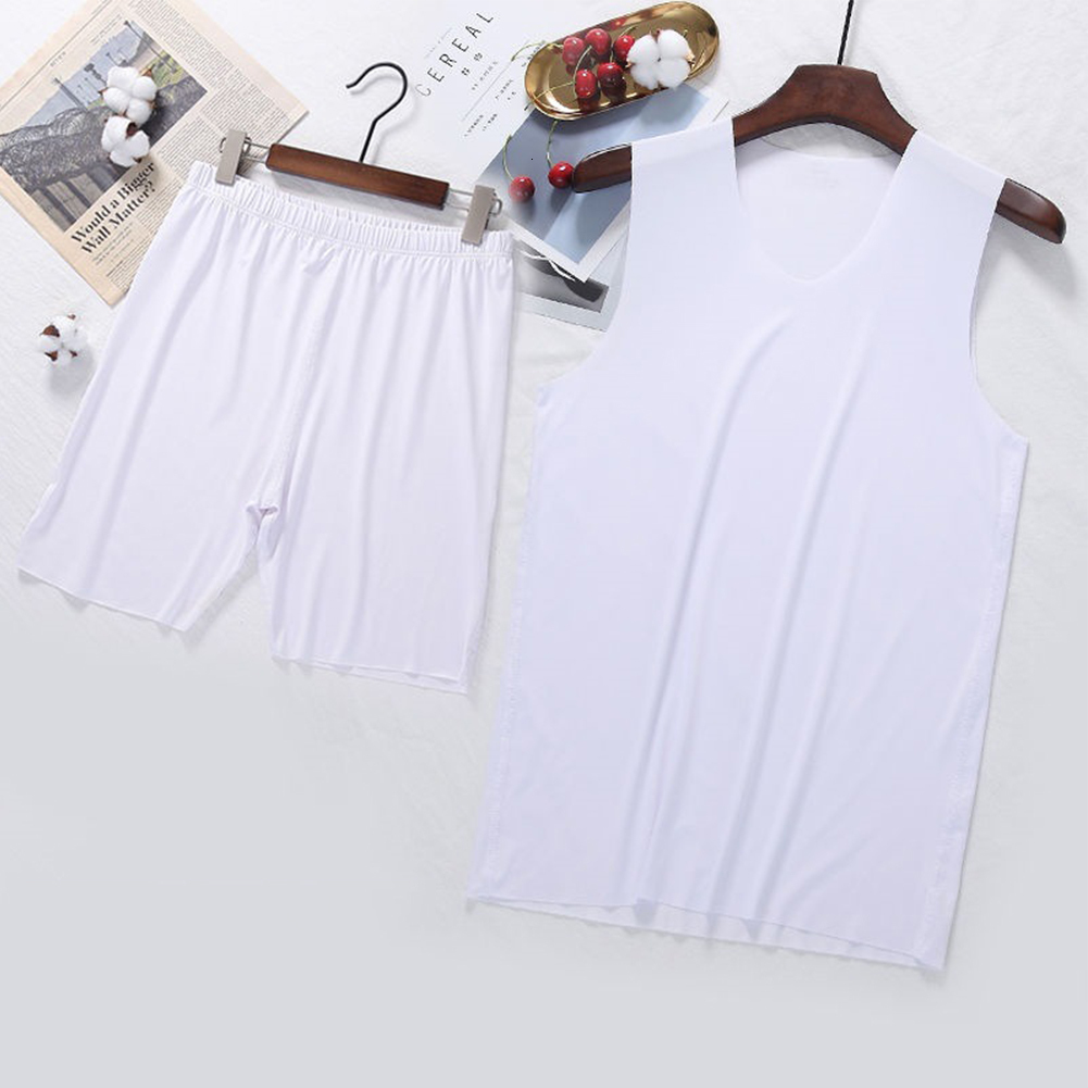 Men's Sleepwear Men Pajamas Ice Silk Sleeveless Seamless Vest VNeck Tank Top Short Set Summer Solid Breathable Sleepwear Casual Homewear 230512