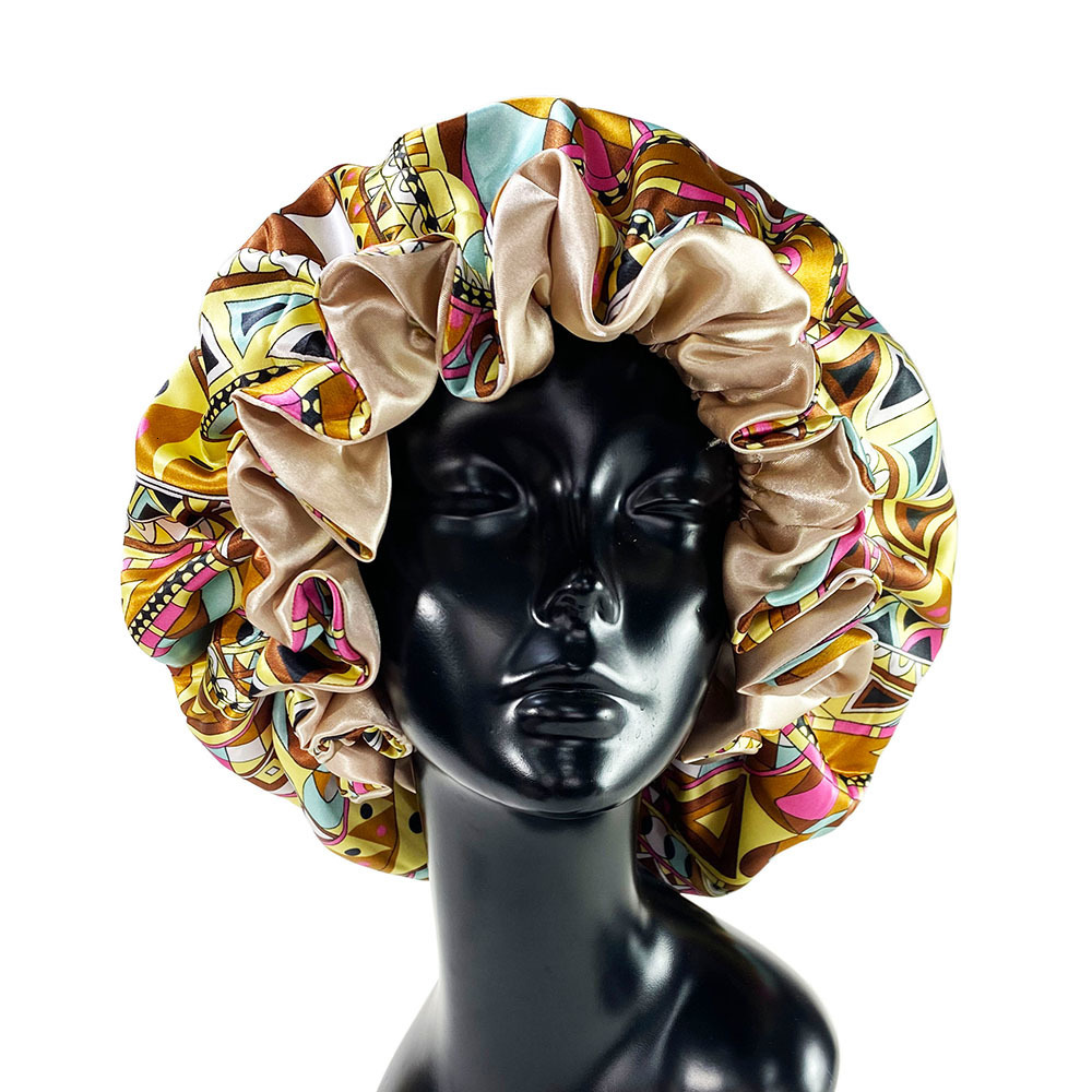 Hijab Satin Bonnet Cap Double Layer Silky Big Bonnet for Lady Printing Sleep Cap Head Wrap 230511
