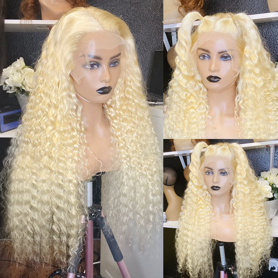 Free shipping Brazilian 13x4 Deep Wave Transparent Lace Frontal Wigs 613 Honey Blonde Color Curly Human Hair Wig Synthetic Heat Resistant For Women