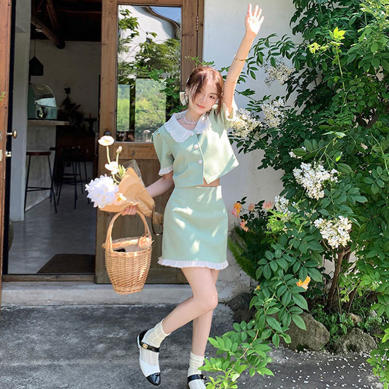 Two Piece Dress Summer Sweet Two Piece Dress Sets Peter Pan Collar Short Sleeve Crop Top Mini Skirts Korean Fashion Retro Green Hepburn Suit 230512