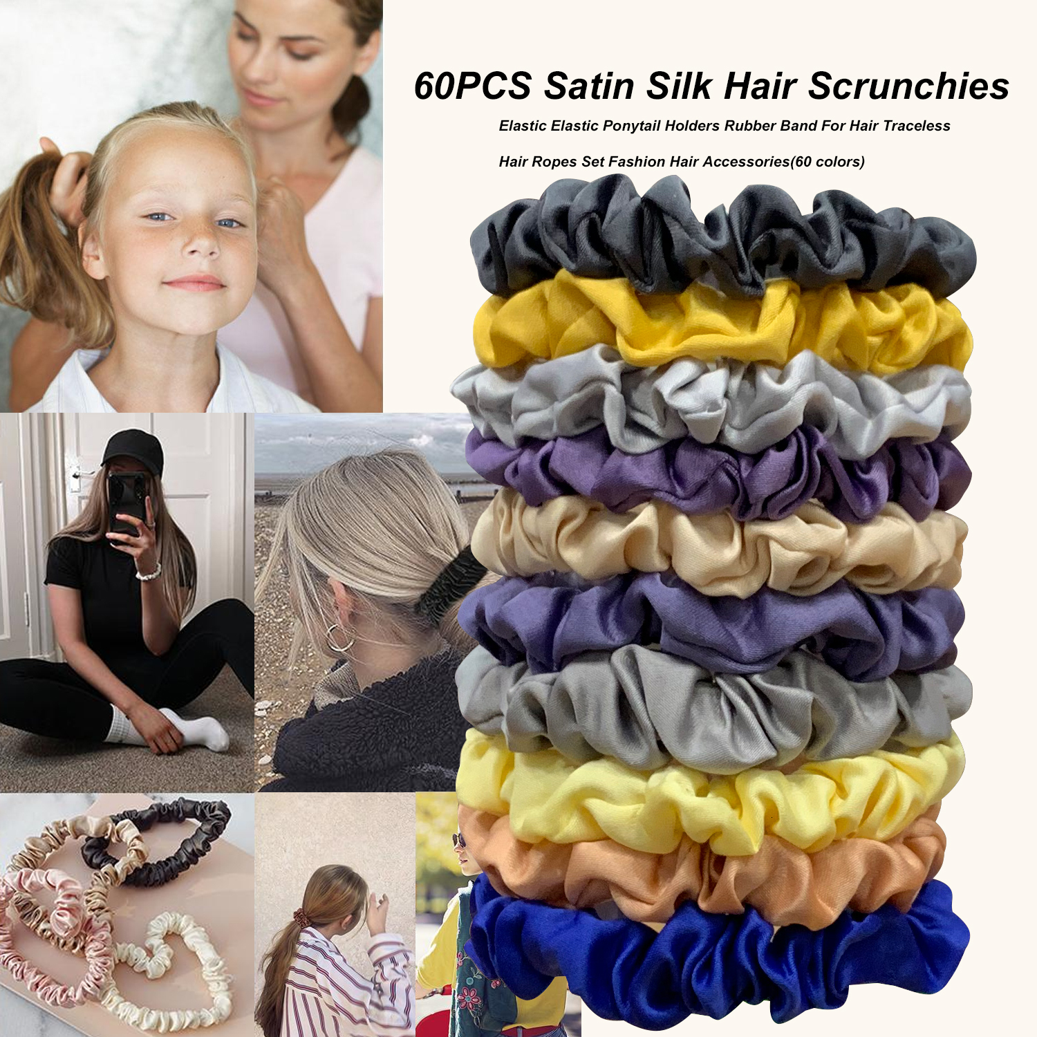 Headwear Hair Accessories Wholesale 60PCS Satin Silk Scrunchies Elastic tail Holders Rubber Band For band Ties Ropes 230512