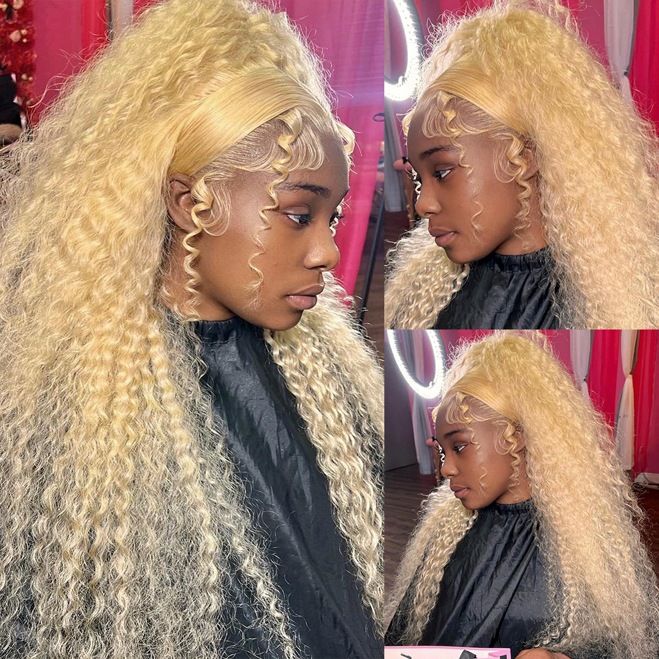 13x4 Deep Wave Lace Front Human Hair Wigs Brazilian 250% Loose Curly 13x4 Frontal Wig For Women 30 Inch 613 Honey Blonde Synthetic Wig