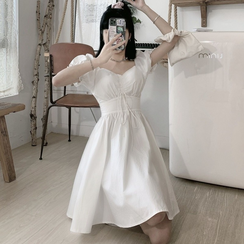 Casual Dresses QWEEK Sweet White Puff Sleeve Dress Women Mori Vintage Wrap Bodycon Short Dresses Preppy Style School Robes Female 230512
