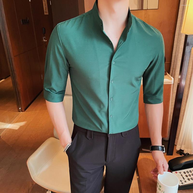 Men's Casual Shirts Plus Size 5XL-M Men's Stand Collar Business Half Sleeve Shirt 2023 Summer Luxury Slim Fit Solid Dress 4 Colors