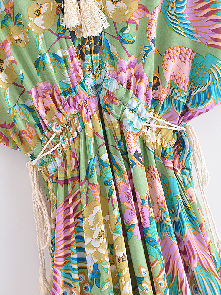 Casual Dresses Vintage Chic Women Peacock Floral Print Bat Sleeve Beach Bohemian Maxi Dresses Ladies V Neck Tassel Summer Rayon Dress 230512