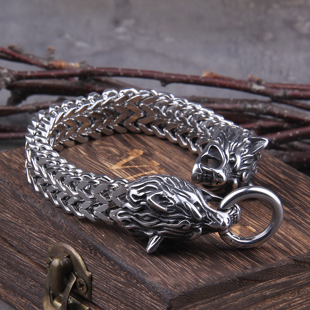 Chain Never Fade Rock Viking Wolf Charm Bracelet Men's Stainless Steel Mesh Gold Punk Bracelets Biker Jewelry without box 230511