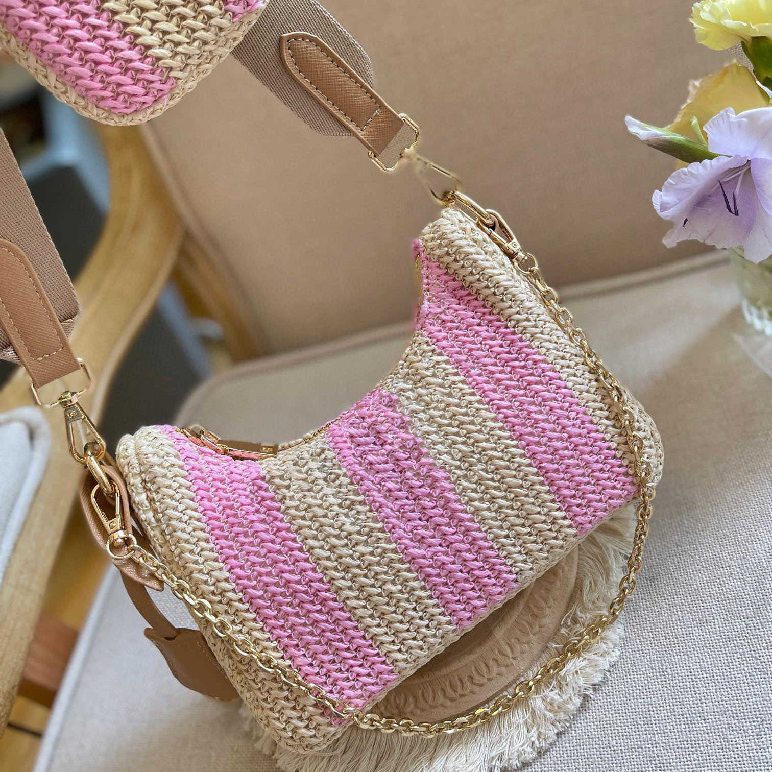 Designer Bag Straw Messenger Bag Hobos Combo Shoulder Messenger Bag Summer Women Summer Braided Gold Chain Fashion Designer Hobo Wallet 3-in-1, Pink
Designer Bag Straw Messenger Bag Hobos Combo Shoulder Messenger Bag Summer Women Summer Braided Gold Chain Fashion Designer Hobo Wallet 3-in-1, Pink
