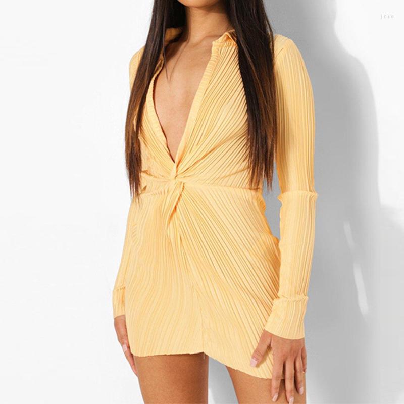 Casual Dresses Sexy Polo-neck Dress Slim Slimming Temperament Deep V-neck Solid Color Waist Pleated Long-sleeved Mini Skirt Pretty For Women