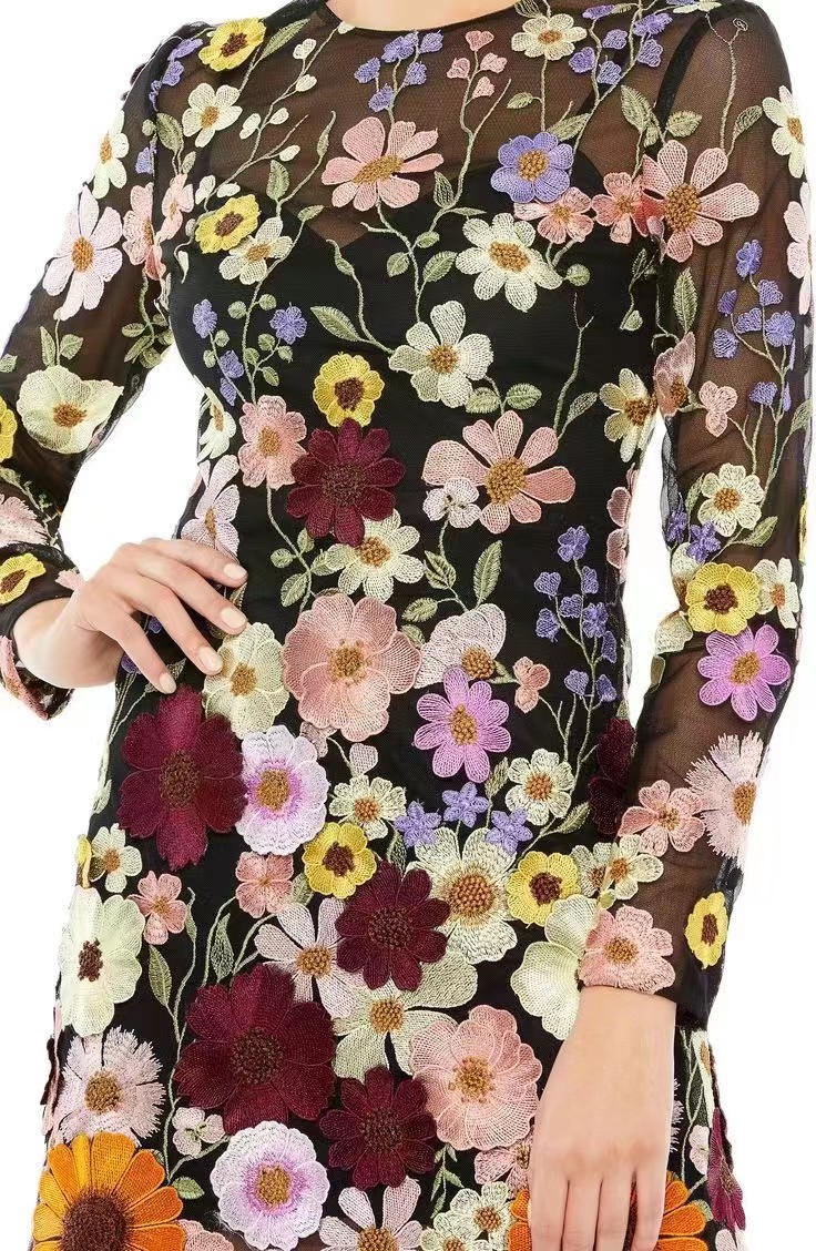 Floral Embroidery Elegant Luxury Women Mini Dress Half High Collar Long Sleeve Dresses 2023 Spring Evening Party Lady Vestido
