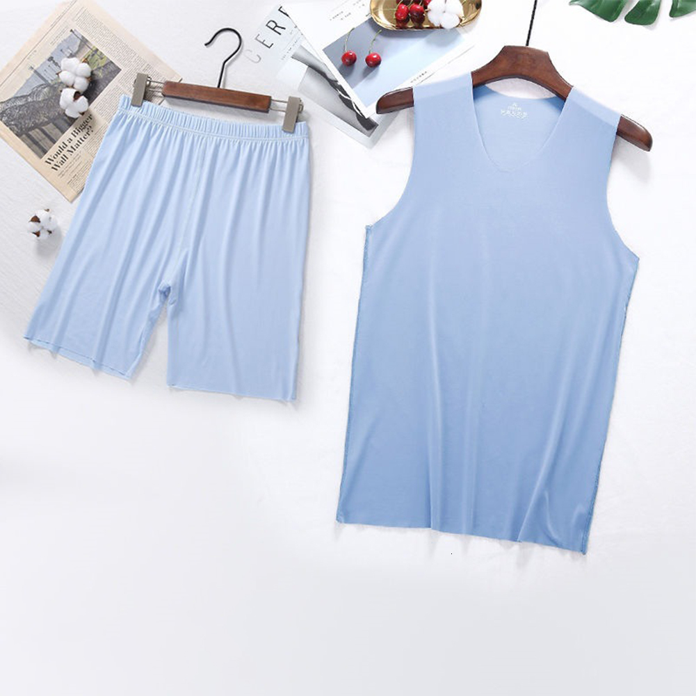 Men's Sleepwear Men Pajamas Ice Silk Sleeveless Seamless Vest VNeck Tank Top Short Set Summer Solid Breathable Sleepwear Casual Homewear 230512