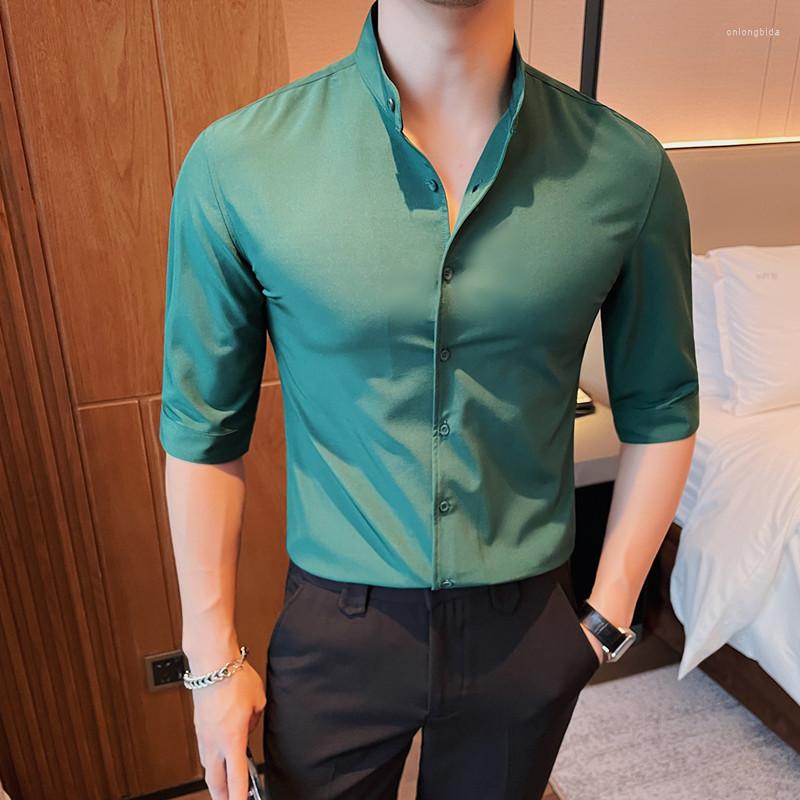 Men's Casual Shirts Plus Size 5XL-M Men's Stand Collar Business Half Sleeve Shirt 2023 Summer Luxury Slim Fit Solid Dress 4 Colors