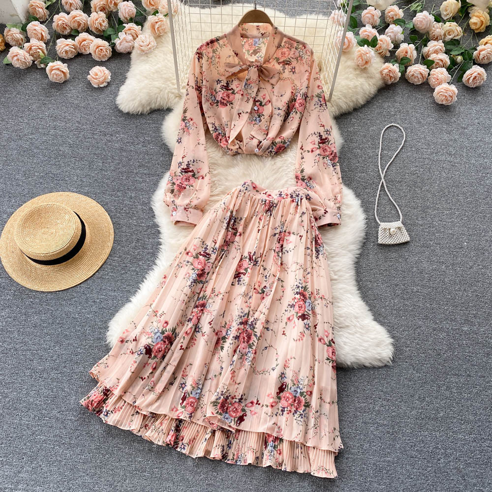 Two Piece Dress Chiffon Sundress with Pleated Skirt Long Sleeve Shirts Sets 2 Floral Summer Lace Up Top Suits Holiday Women Clothes 230512