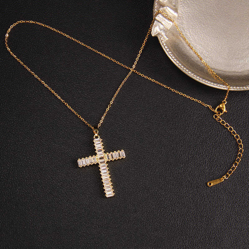 Fashion Trend Dia Chain Womens Mens Jewelry Gold CZ Pendant Flashing Cross Stainless Steel Necklace Free Shipping