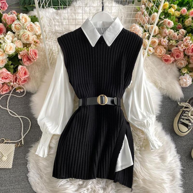 Womens Sweaters Korean Spring Autumn Women Knitted Pullovers Vest White Blouse Casual Belt Suit Two Piece Set Conjuntos Mujer