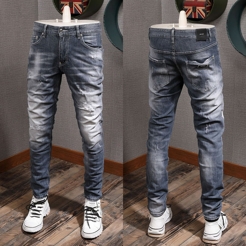 Fade Vintage Stretch Jeans Rip Slim Fit Leg Men's