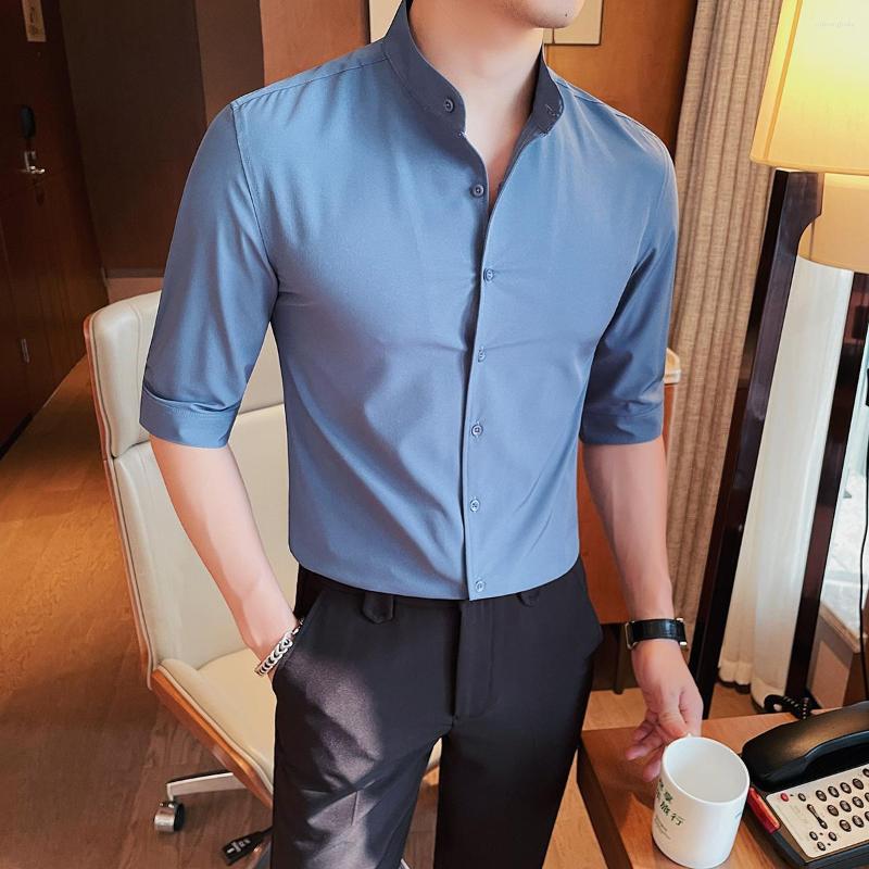 Men's Casual Shirts Plus Size 5XL-M Men's Stand Collar Business Half Sleeve Shirt 2023 Summer Luxury Slim Fit Solid Dress 4 Colors