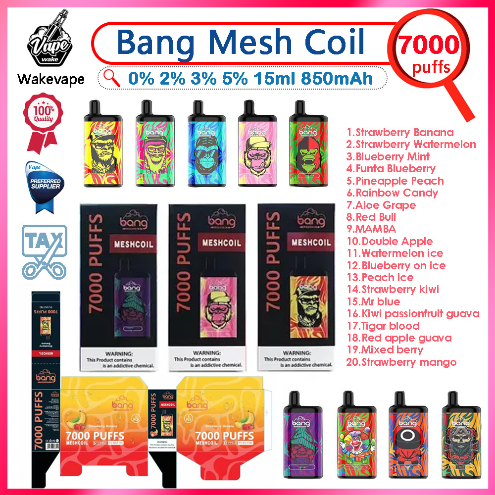 E cigarettes Original Bang Mesh Coil 7000 Puffs Bars Disposable Vape Pen 15ml Pre-filled Pods Cartridge 850mAh Rechargeable Battery
E cigarettes Original Bang Mesh Coil 7000 Puffs Bars Disposable Vape Pen 15ml Pre-filled Pods Cartridge 850mAh Rechargeable Battery