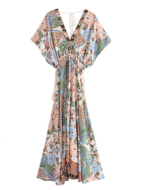 Casual Dresses Vintage Chic Women Peacock Floral Print Bat Sleeve Beach Bohemian Maxi Dresses Ladies V Neck Tassel Summer Rayon Dress 230512