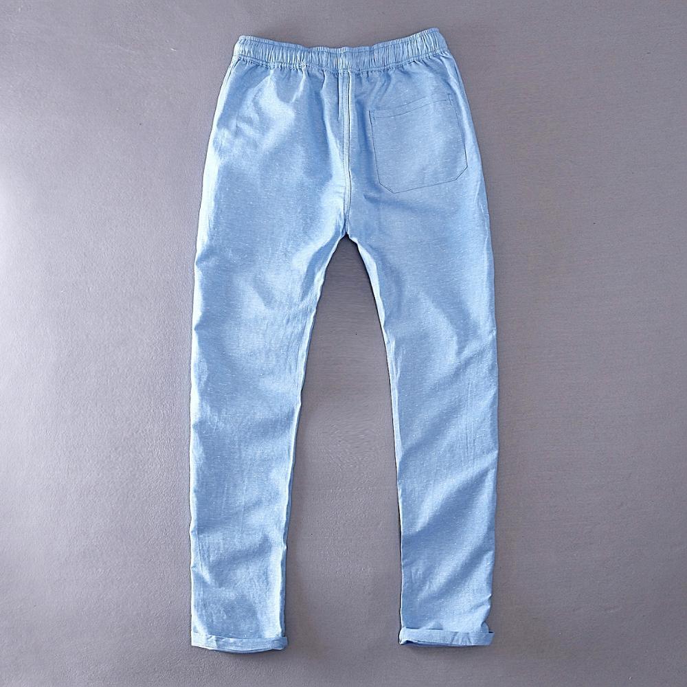 Men's Pants Male Casual Pants Cotton Linen Solid Blue Elastic Waist Straight Loose Trousers Summer Breathable Drawstring Men's Clothing 2305