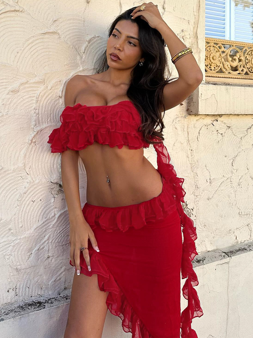 Two Piece Dress Ruffle Skirt And Top Set Women Outfits Summer Beach Holiday Outfit One Shoulder Asymmetrical Sets 230512