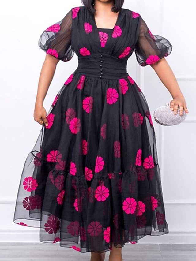 wife Large Holiday Dress Flower Print V-Neck Mesh Sleeve Short Sleeve Autumn Spring Ball Dress Long Dress Holiday Date Dress/Print